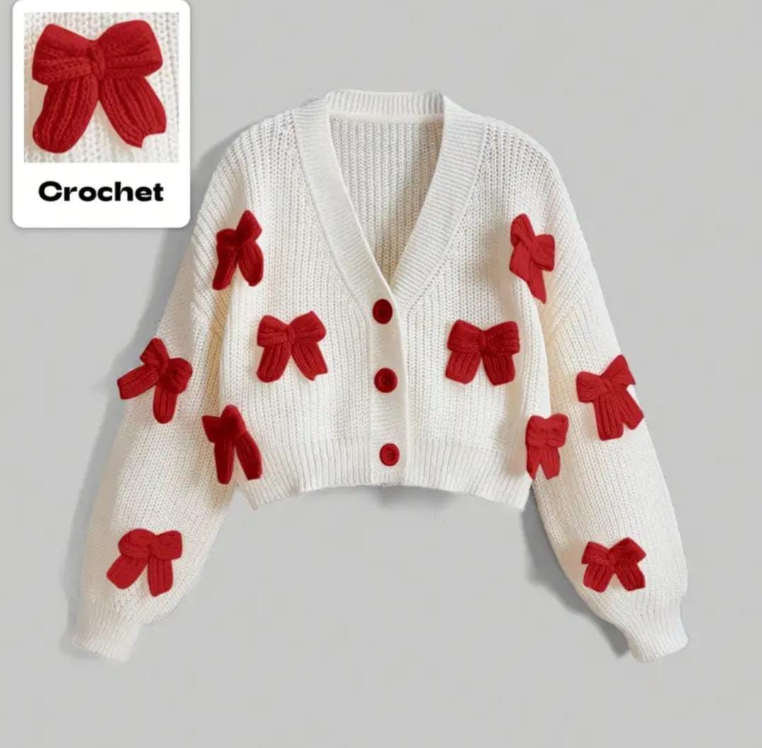 Handmade Red Bow Crochet Cardigan Sweater🎀