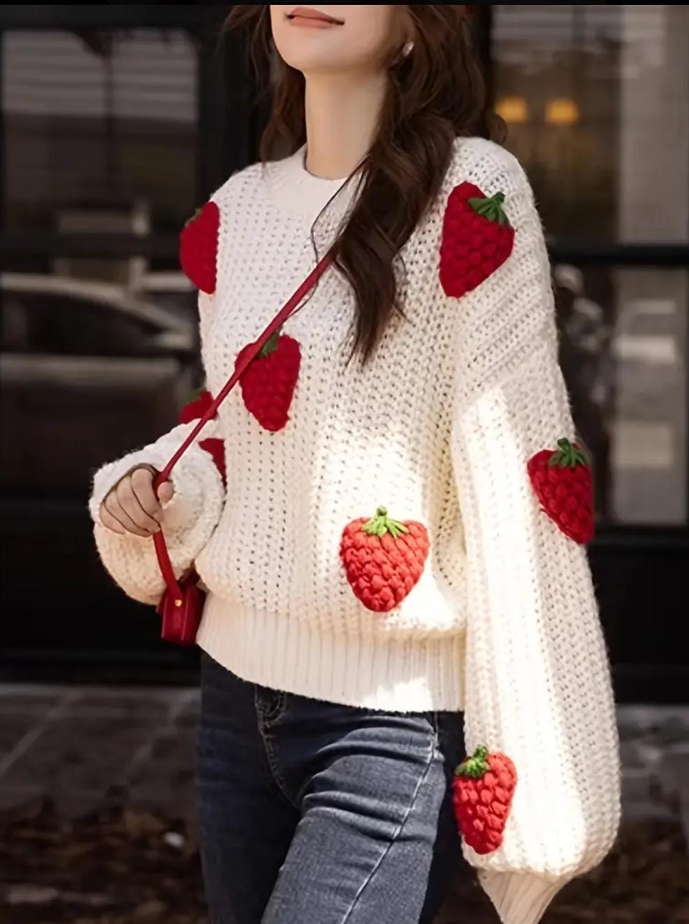 Handmade Strawberry Knit Sweater 🍓 | Cozy & Trendy with Pom-Pom Detailing