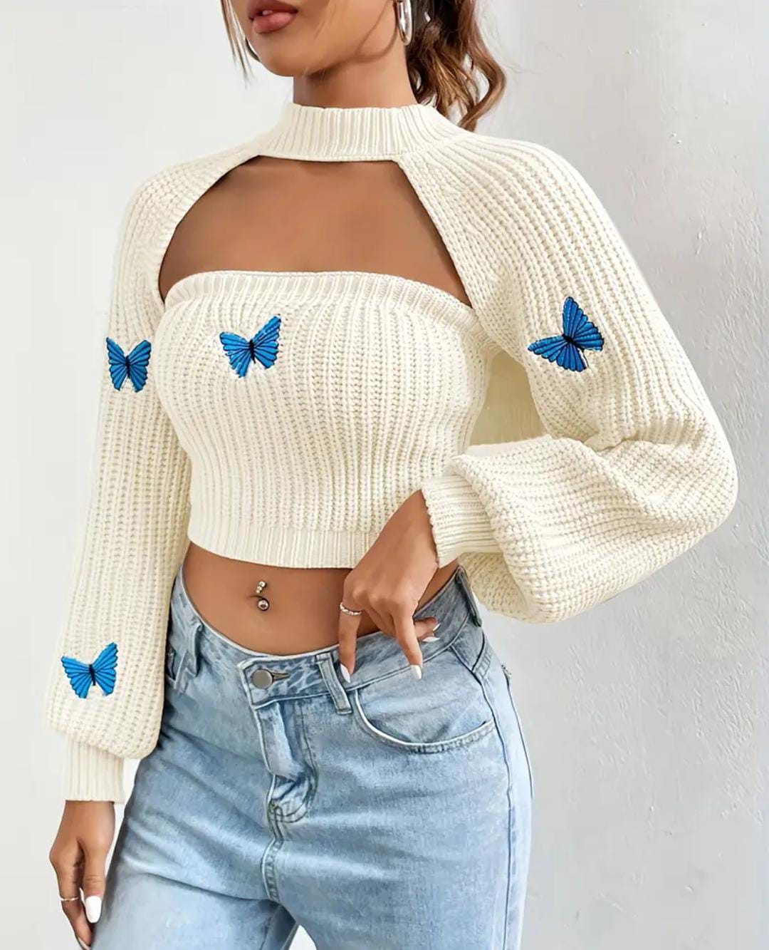 "Butterfly Embroidered Cut-Out Cropped Handmade Sweater🦋💙