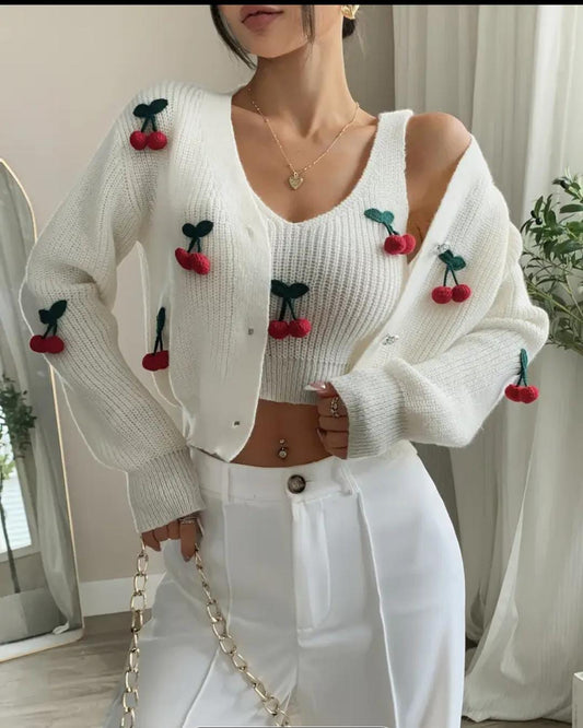 Charming Handmade Cherry-Embroidered White Cardigan 🍒