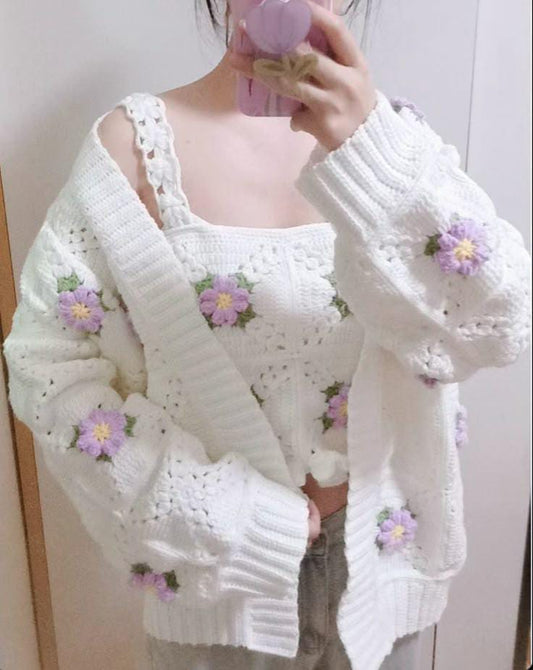 Handmade White Cardigan with Purple Floral Embroidery 🌸 | Cozy & Stylish 🌼