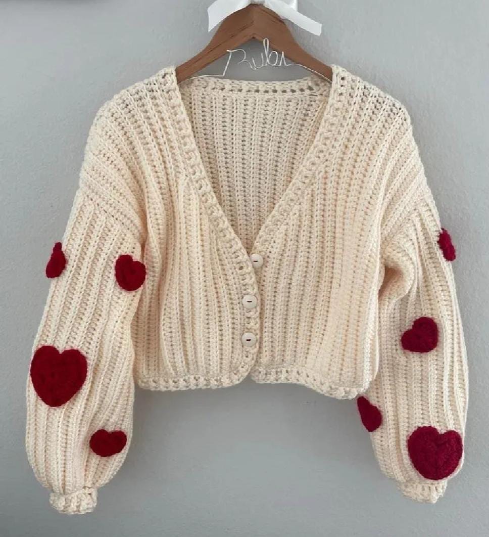 Cozy Handmade Heart-Embellished Cardigan 💖